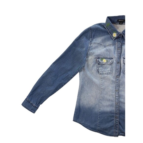 I Love Ronson Embroidered Daisy Denim Button Snap Roll Tab Shirt Women's Small - Picture 12 of 12